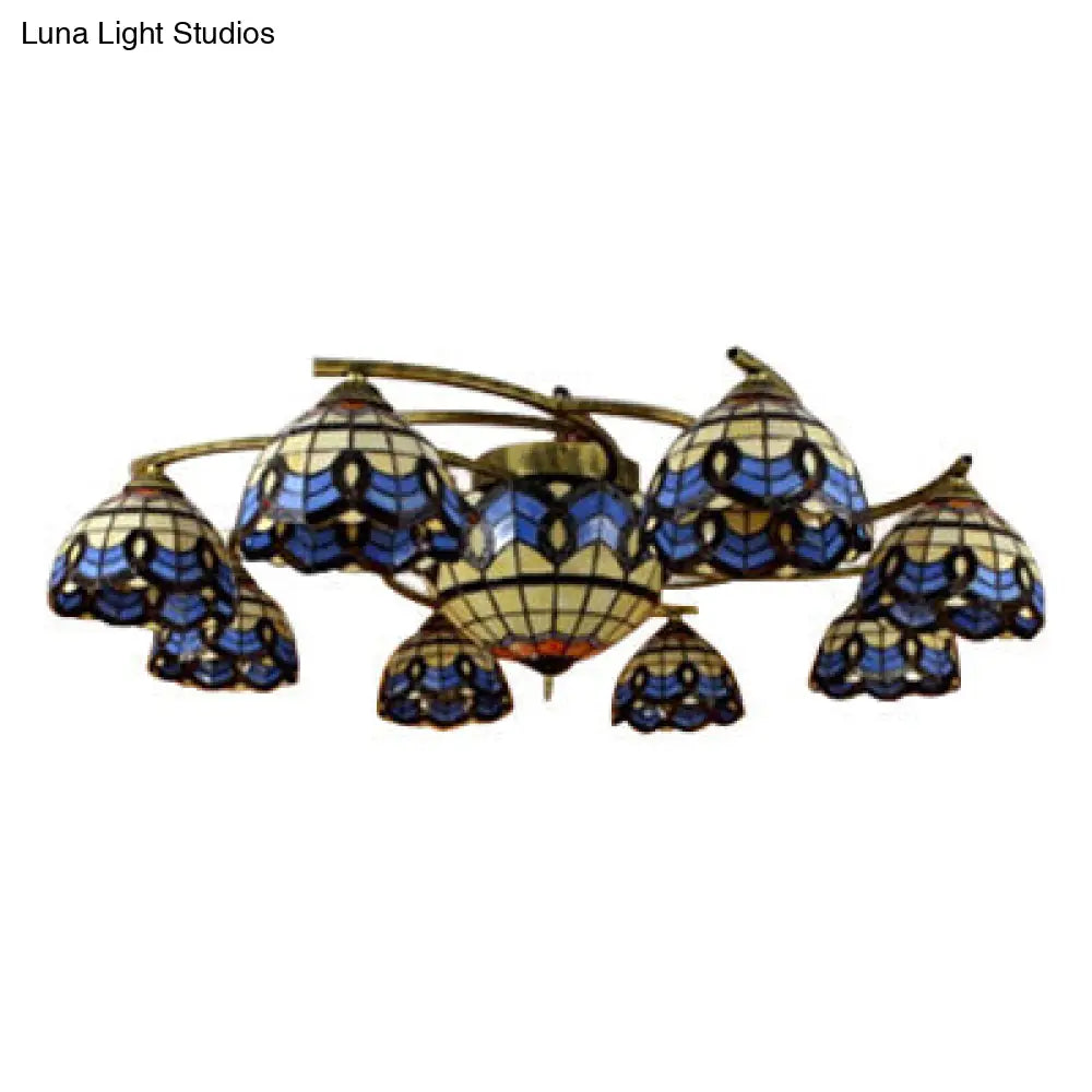 Vintage Blue Glass Tiffany Semi Flush Ceiling Light With 6/9 Baroque Design Lights - Ideal For