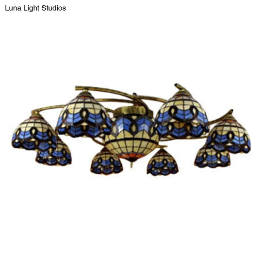 Vintage Blue Glass Tiffany Semi Flush Ceiling Light With 6/9 Baroque Design Lights - Ideal For