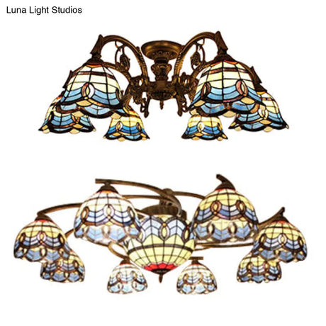 Vintage Blue Glass Tiffany Semi Flush Ceiling Light With 6/9 Baroque Design Lights - Ideal For