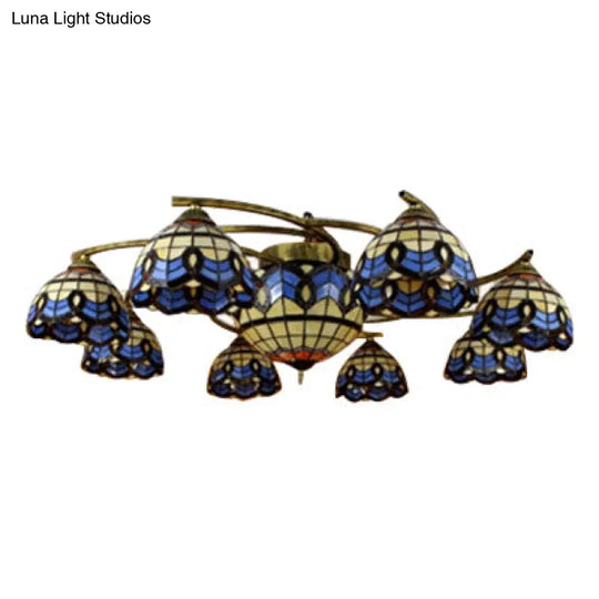 Vintage Blue Glass Tiffany Semi Flush Ceiling Light With 6/9 Baroque Design Lights - Ideal For