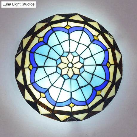 Vintage Blue Handcrafted Glass Dome Ceiling Flush Light With Feather Pattern