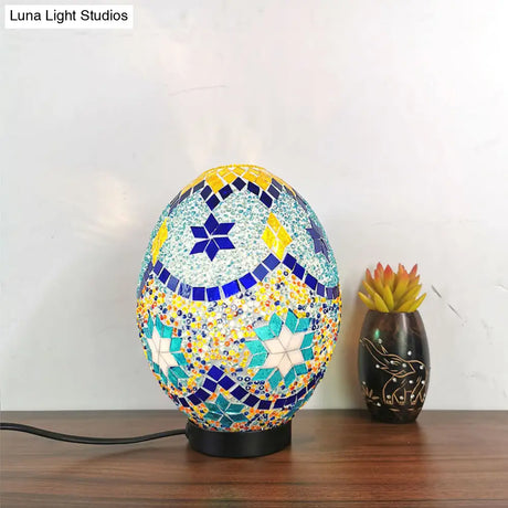 Vintage Blue Stained Glass Table Light For Bedroom Desk - 1-Light Elegant Oval Shade