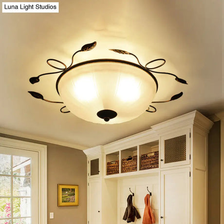 Vintage Bowl - Shaped White Glass Flush Light With Leaf Decoration - 3 - Light Mount Spotlight