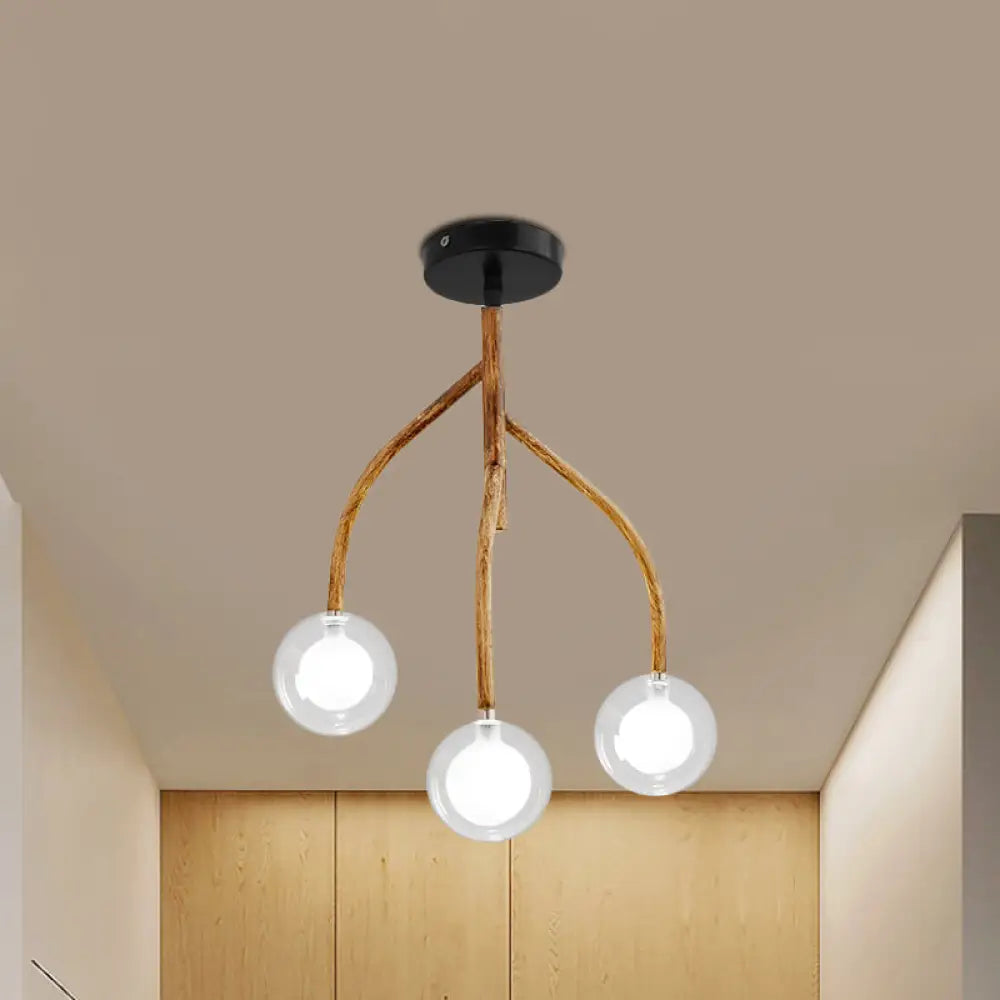 Vintage Branch Design Semi Flush Modo 3 - Head Clear Glass Brown Light Fixture