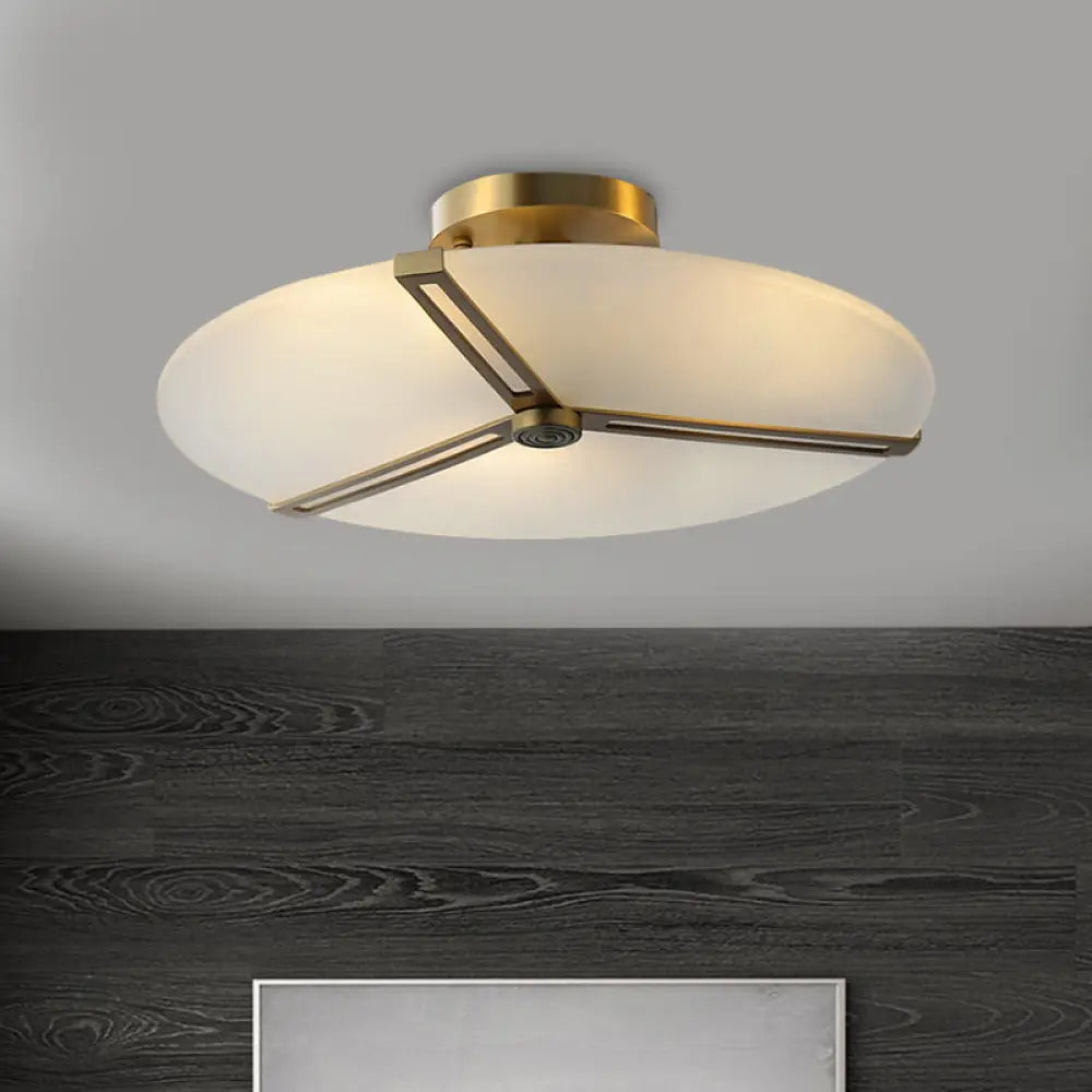 Vintage Brass 3 - Head Ceiling Fixture With Milky Glass Clock - Semi Flush Mount Lighting For