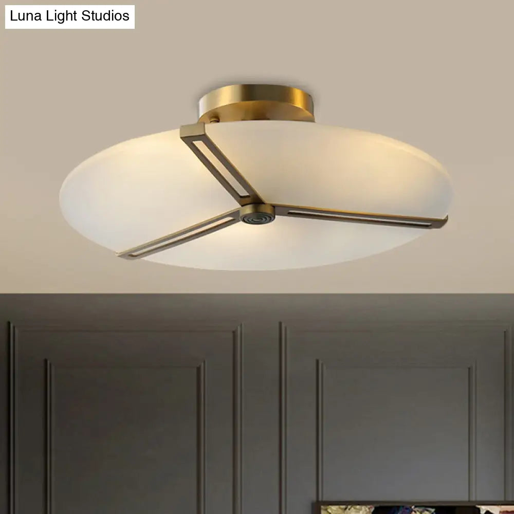 Vintage Brass 3 - Head Ceiling Fixture With Milky Glass Clock - Semi Flush Mount Lighting For