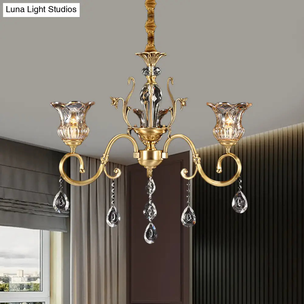 Vintage Brass Bellflower Hanging Light With Clear Glass Bulbs - Elegant Chandelier Scroll Arm