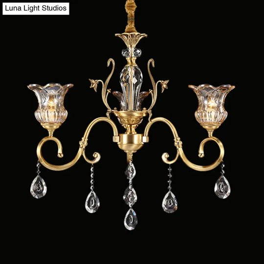 Vintage Brass Bellflower Hanging Chandelier With Clear Glass 3 Bulbs Scroll Arm And Crystal Drops