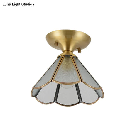 Vintage Brass Cone Semi Flush Mount Ceiling Light With Frosted White Glass Ideal For Corridors