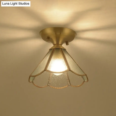 Vintage Brass Cone Semi Flush Mount Ceiling Light With Frosted White Glass Ideal For Corridors