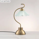 Vintage Brass Curvaceous Night Light Table Lamp With Ruffle Milk Glass Lampshade