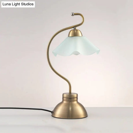 Vintage Brass Curvaceous Night Light Table Lamp With Ruffle Milk Glass Lampshade