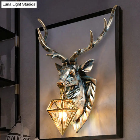 Vintage Brass Diamond Sconce Light With Resin Deer Decoration - Wall Lamp 16/18.5 Wide