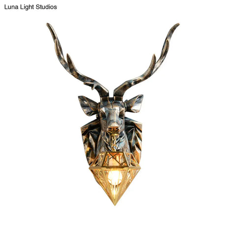 Vintage Brass Diamond Sconce Light With Resin Deer Decoration - Wall Lamp 16/18.5 Wide