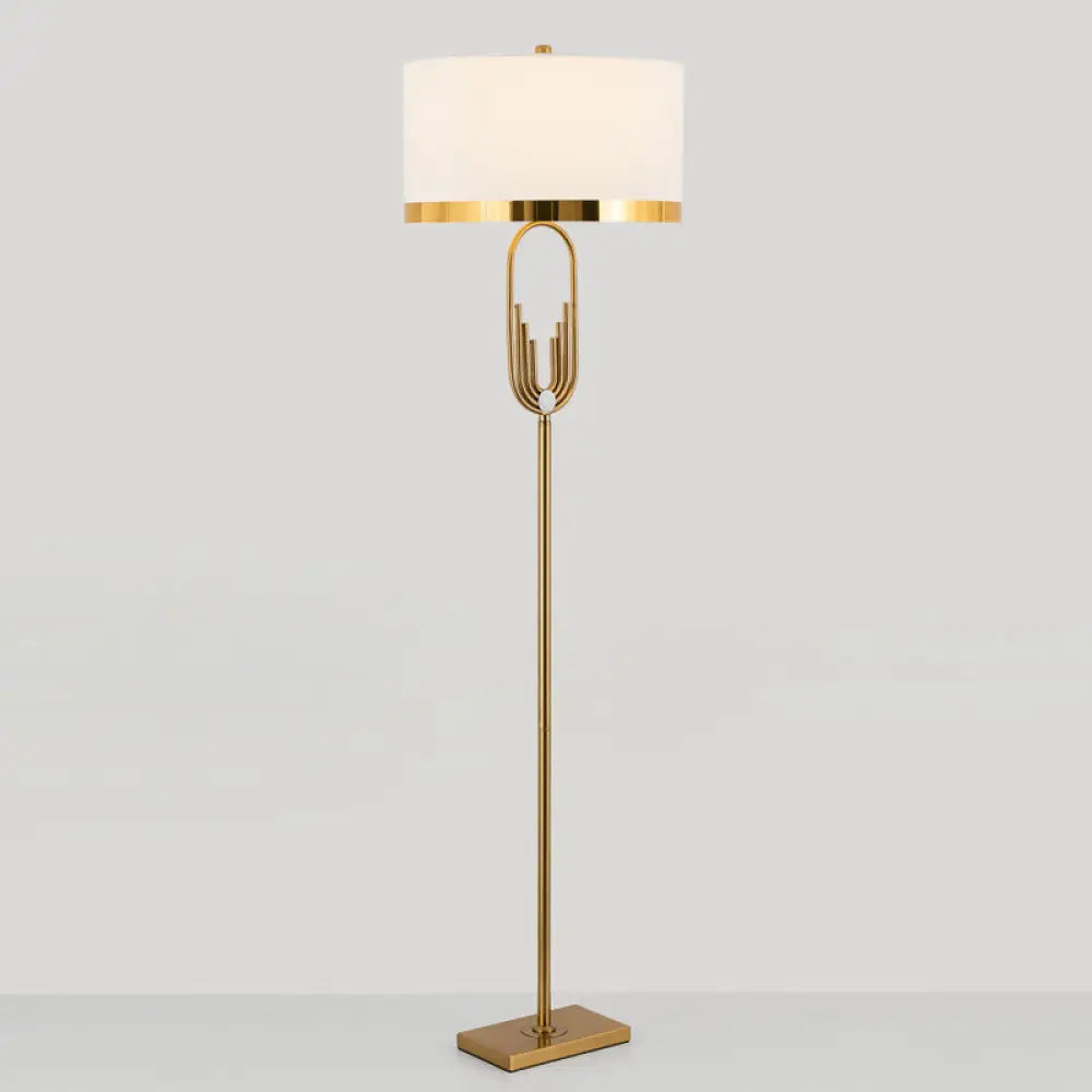 Vintage Brass Fabric Drum Floor Lamp - Single Bulb Standing Lighting For Living Room
