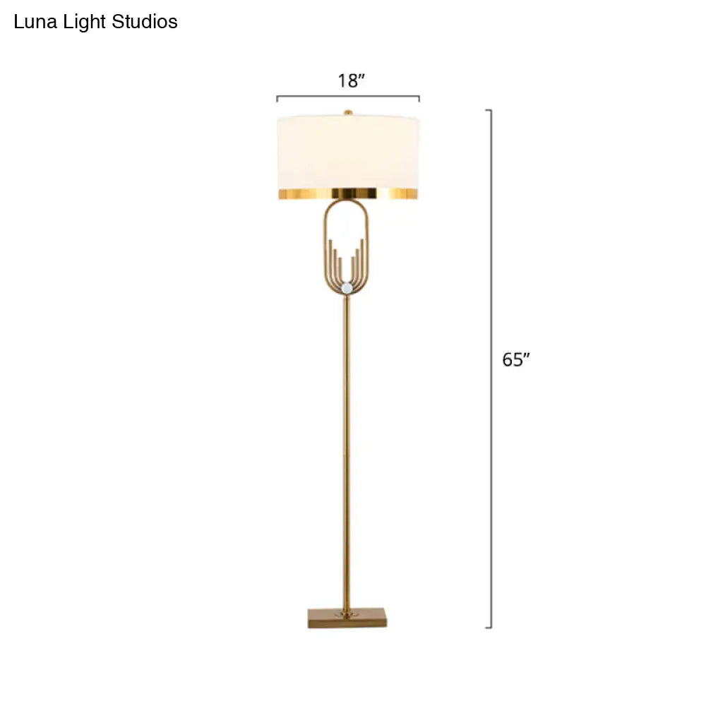 Vintage Brass Fabric Drum Floor Lamp - Single Bulb Standing Lighting For Living Room