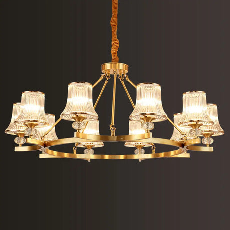 Vintage Brass Flared Chandelier With Clear Rib Glass - Living Room Pendant Light 10 /