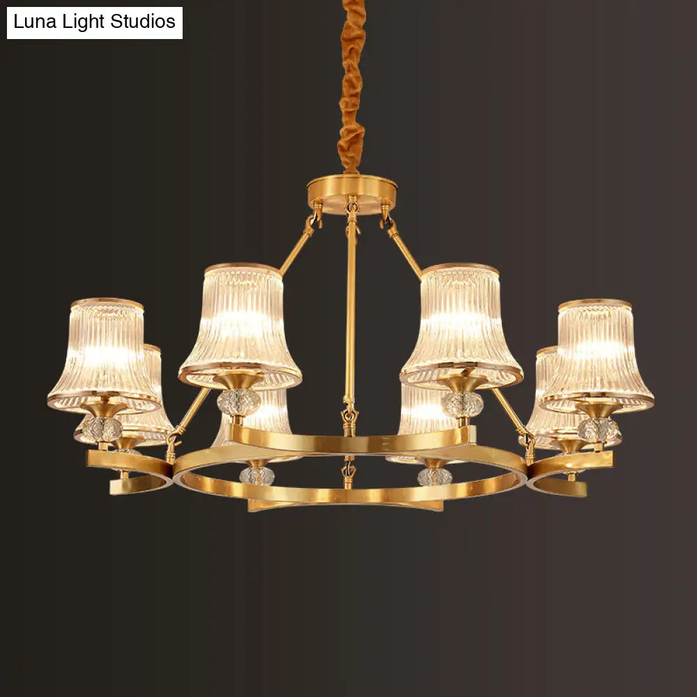 Vintage Brass Flared Chandelier With Clear Rib Glass - Living Room Pendant Light