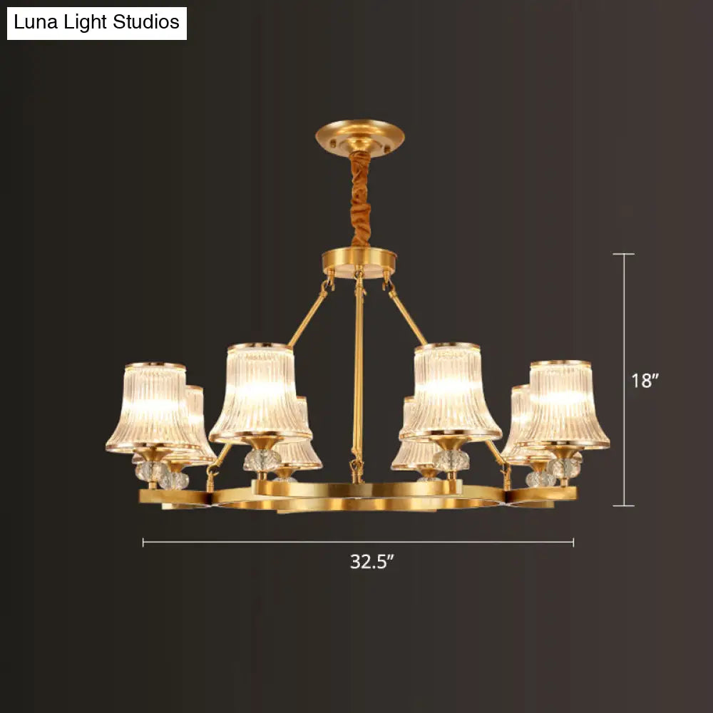 Vintage Brass Flared Chandelier With Clear Rib Glass - Living Room Pendant Light