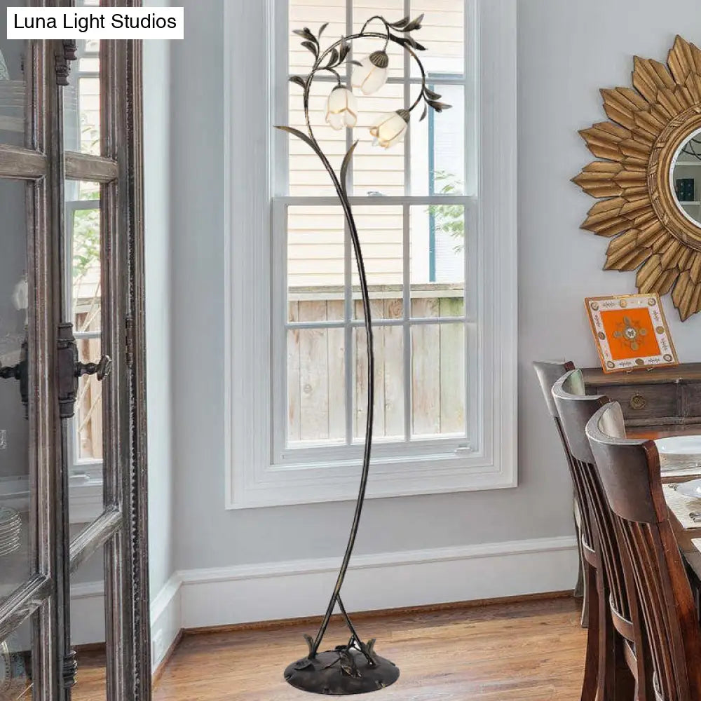 Vintage Brass Floor Lamp With Rustic Milky Glass Blossom Design - 3 Lights For Living Room
