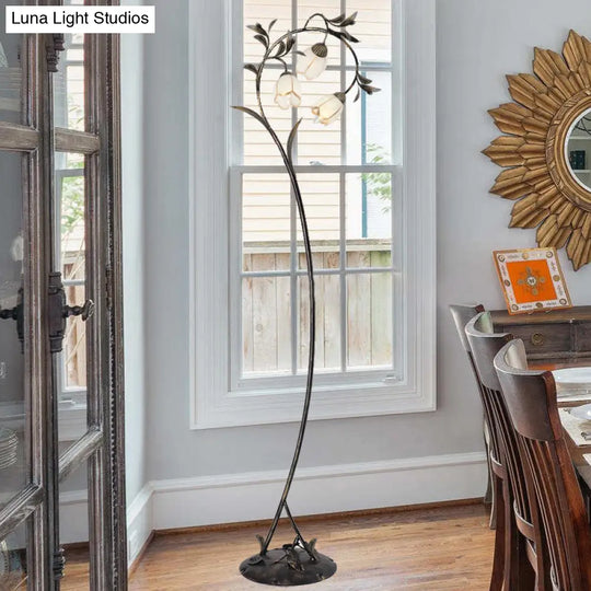 Vintage Brass Floor Lamp With Rustic Milky Glass Blossom Design - 3 Lights For Living Room