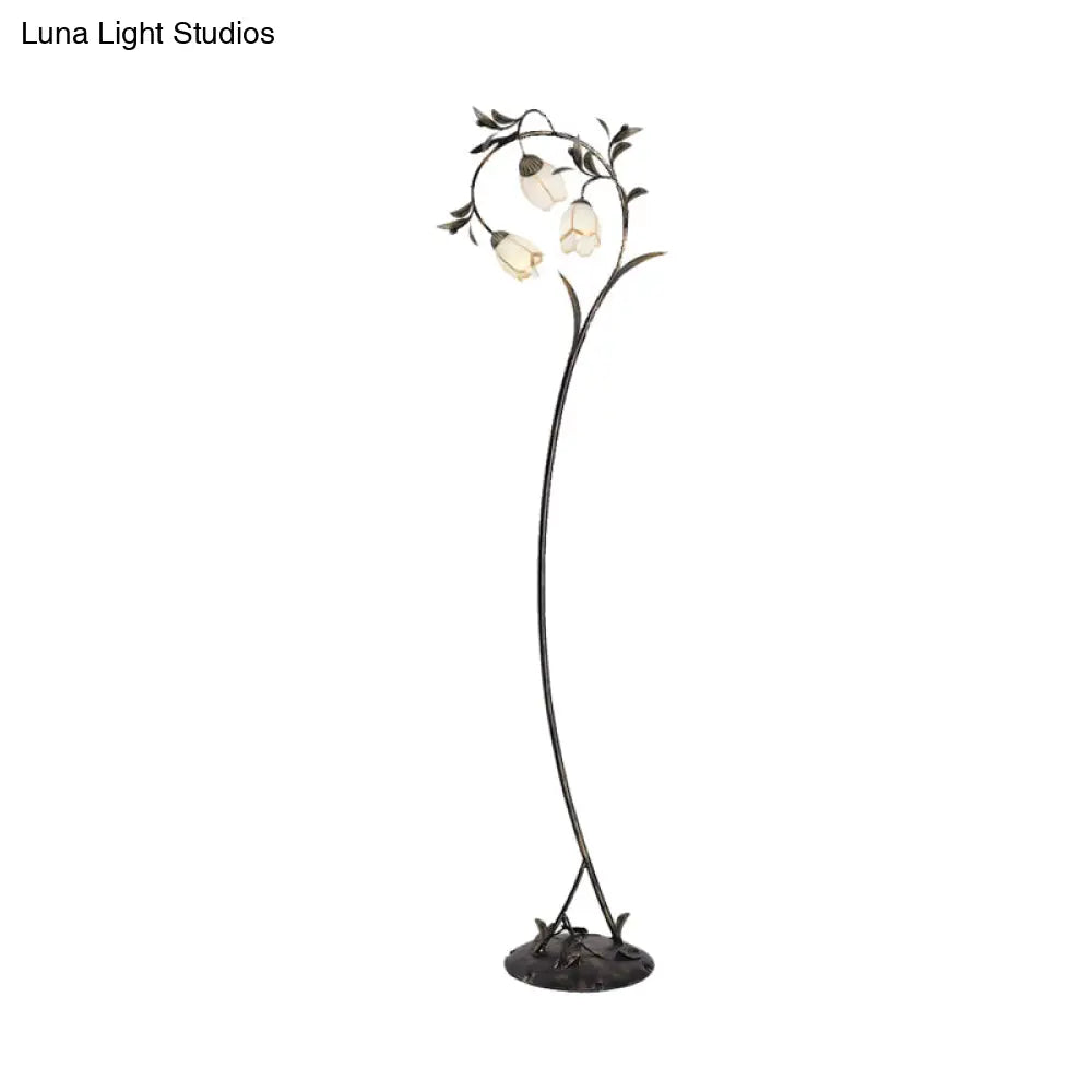 Vintage Brass Floor Lamp With Rustic Milky Glass Blossom Design - 3 Lights For Living Room