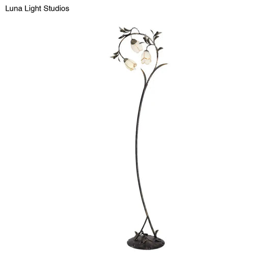 Vintage Brass Floor Lamp With Rustic Milky Glass Blossom Design - 3 Lights For Living Room