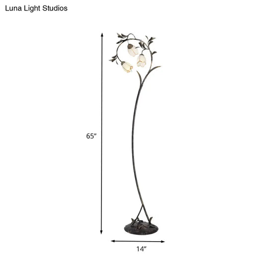 Vintage Brass Floor Lamp With Rustic Milky Glass Blossom Design - 3 Lights For Living Room
