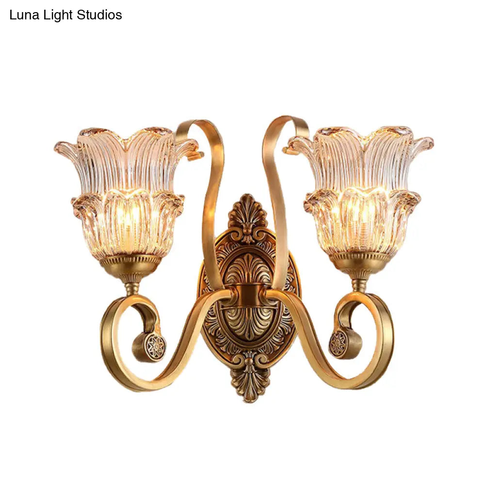 Vintage Brass Floral Sconce Light Fixture With Clear Prismatic Glass - Led Wall Mounted Lamp For