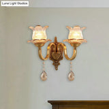 Vintage Brass Floral Sconce Light Fixture With Clear Prismatic Glass - Led Wall Mounted Lamp For