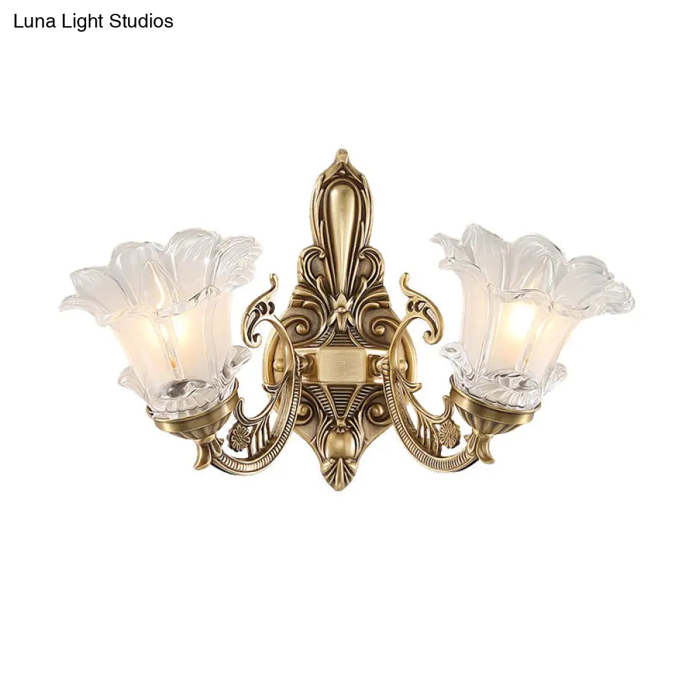 Vintage Brass Floral Wall Lamp With Fluted Glass And Curved Arm Sconce Lighting For Living Room
