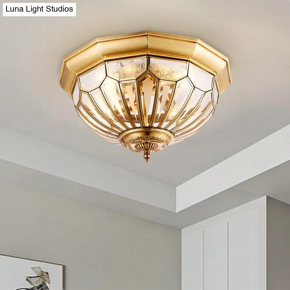 Vintage Brass Flush Mount Light With Faceted Clear Glass Dome