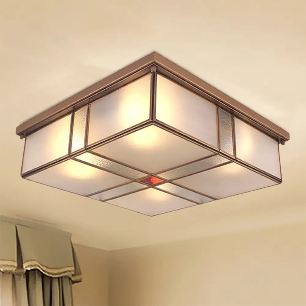 Vintage Brass Flush Mount Light With Frosted Glass Panel Shade - 2/4 Lights Ceiling Fixture For