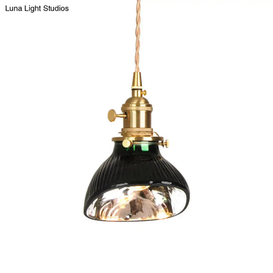 Vintage Brass Green Glass Pendant Light With Rotary Switch