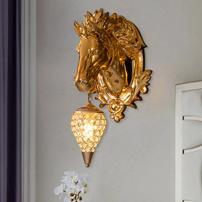 Vintage Brass Horse Sconce Light Resin Wall Mount With Metal And Crystal Shade - 9.5/12 Wide / 9.5