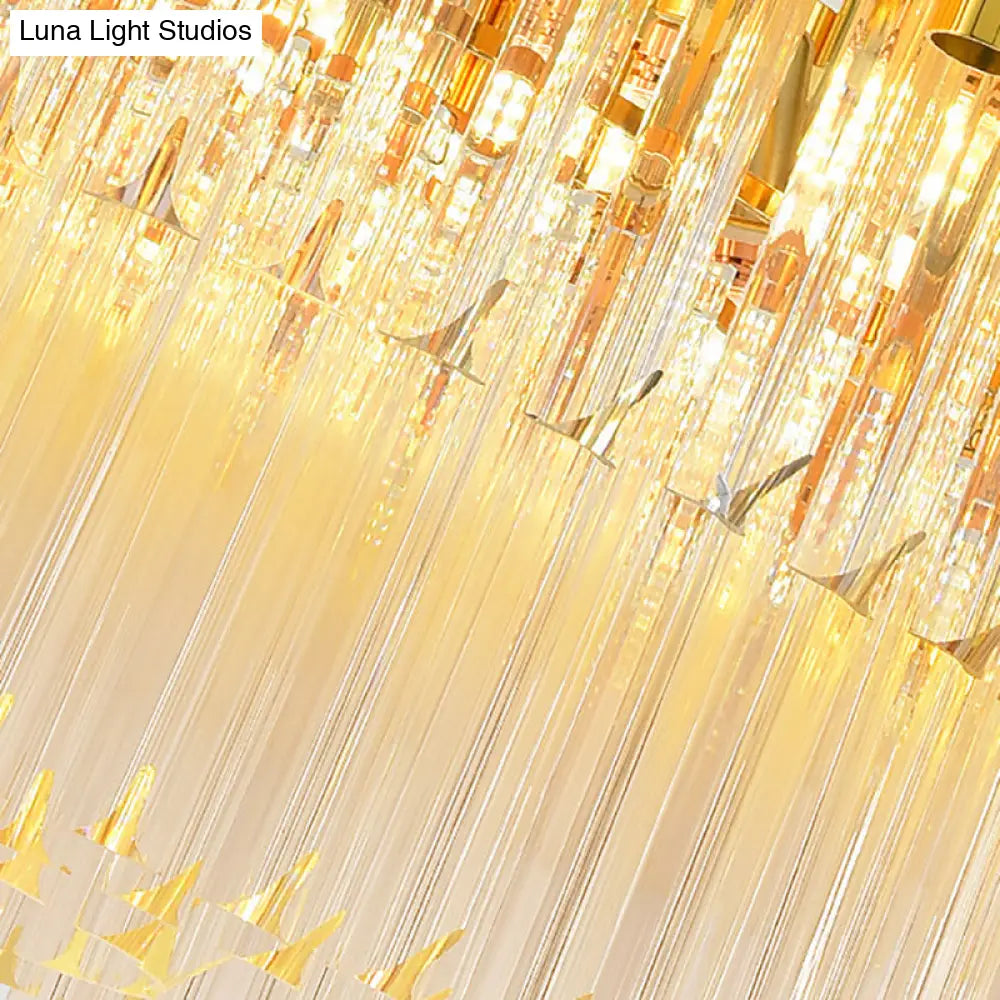 Vintage Brass Metal Chandelier With Crystal Block Round Shade Pendant Lamp - Multi-Light