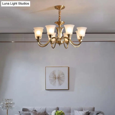 Vintage Brass Pendant Chandelier With Frosted Glass For Flared Stair Ceilings
