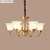 Vintage Brass Pendant Chandelier With Frosted Glass For Flared Stair Ceilings