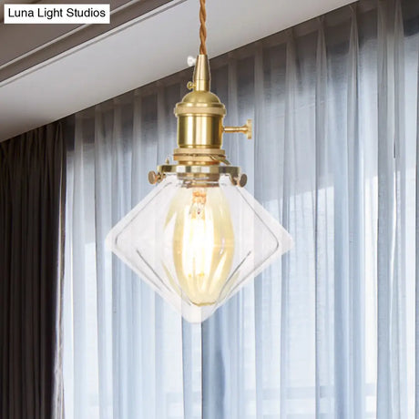 Vintage Brass Pendant Light: Single Light Gem Suspension With Ribbed Glass