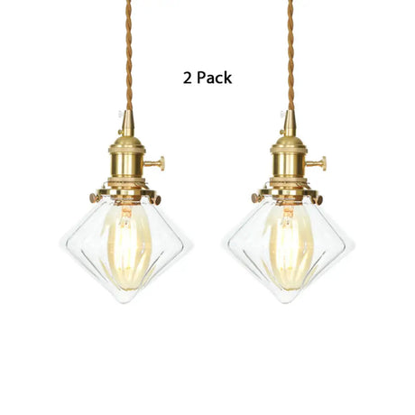 Vintage Brass Pendant Light: Single Light Gem Suspension With Ribbed Glass Clear / 2
