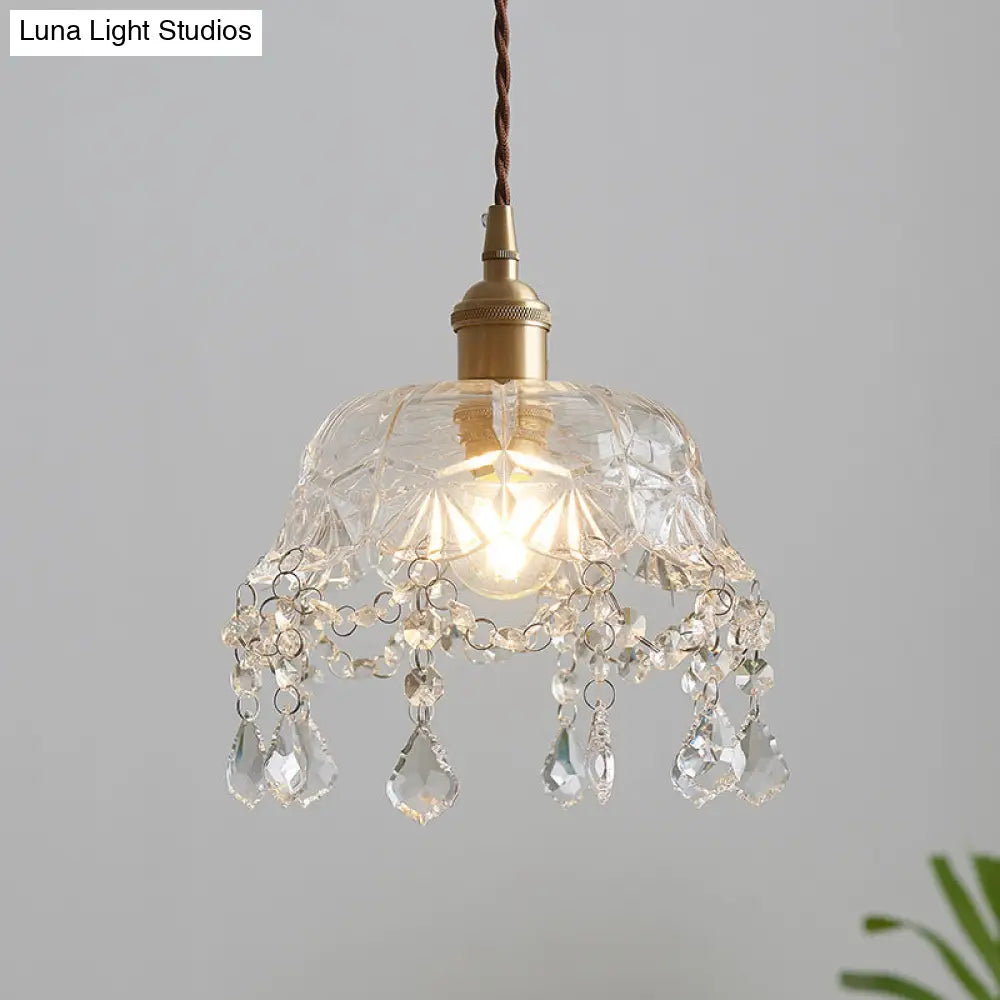 Vintage Brass Pendant Light With Clear Glass Shade Crystal Accents And Floral Design - Dining Room