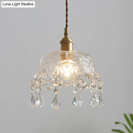 Vintage Brass Pendant Light With Clear Glass Shade Crystal Accents And Floral Design - Dining Room