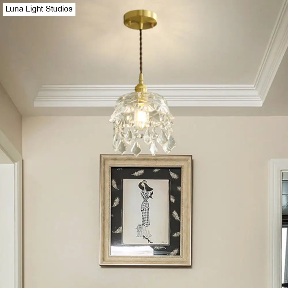Vintage Brass Pendant Light With Clear Glass Shade Crystal Accents And Floral Design - Dining Room