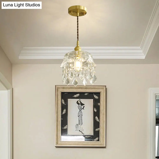 Vintage Brass Pendant Light With Clear Glass Shade And Crystal Drip - Floral Inspired Dining Room