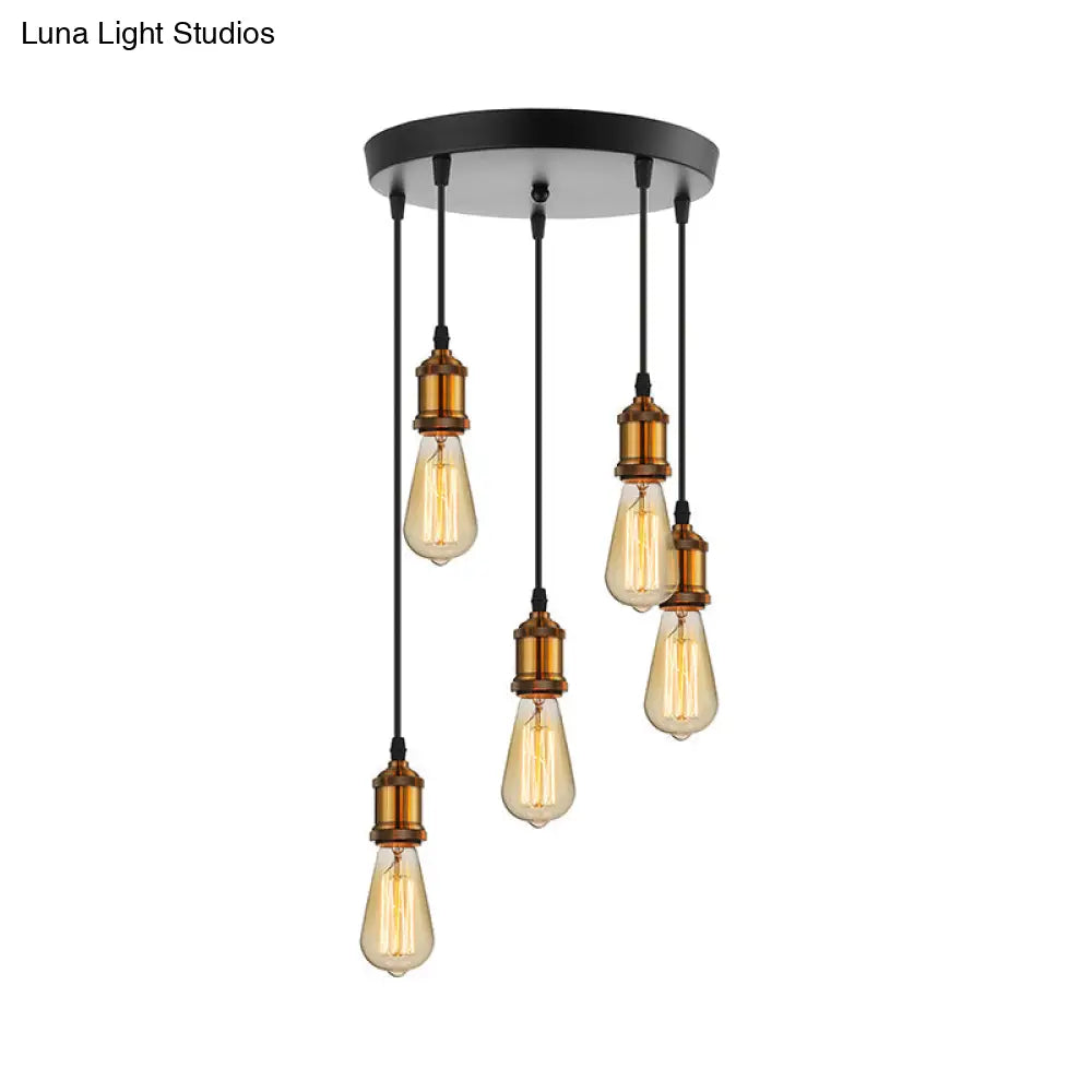 Vintage Brass Pendant Light With Exposed Bulbs And Adjustable Cord - 3/5 Lights Round/Linear Canopy