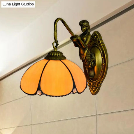 Vintage Brass Petal Wall Light Tiffany 1-Light Yellow Glass Sconce With Mermaid Decoration