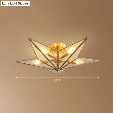 Vintage Brass Semi Flush Mount Ceiling Light With Amber Glass - 5 - Light Shaded Lighting For