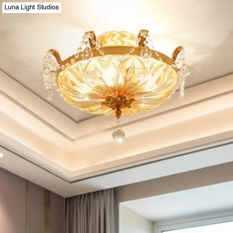 Vintage Brass Semi Flush Mount Ceiling Light With Amber Glass - 5 - Light Shaded Lighting For