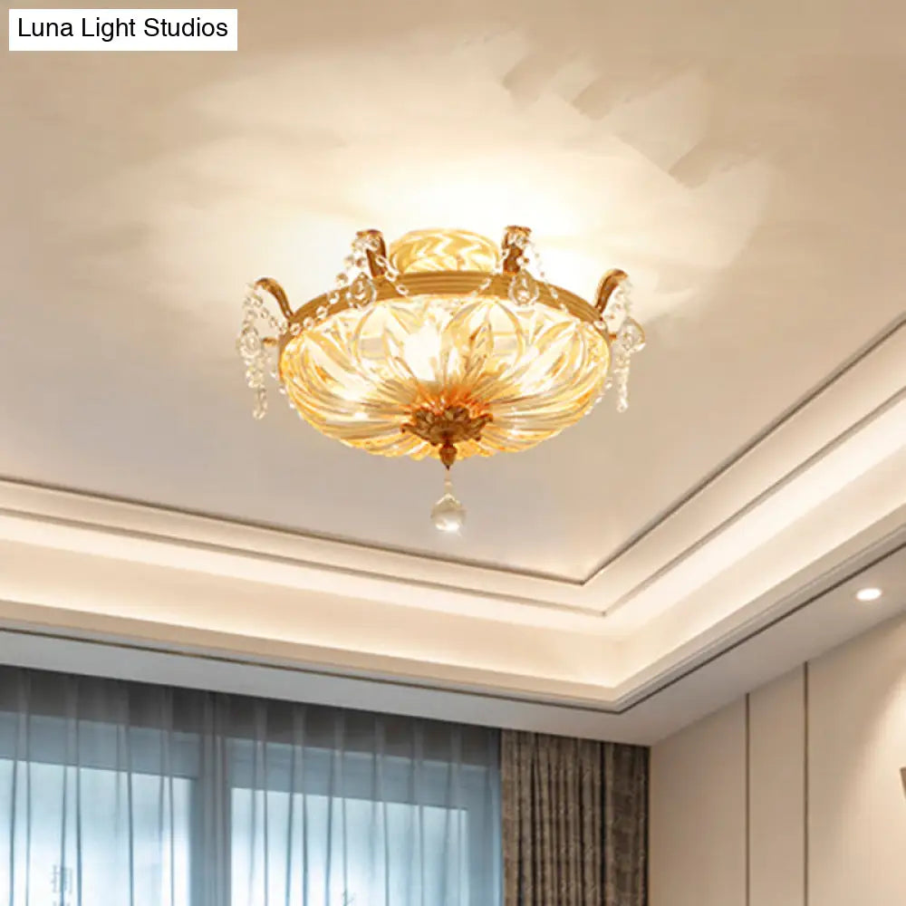 Vintage Brass Semi Flush Mount Ceiling Light With Amber Glass - 5 - Light Shaded Lighting For