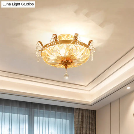 Vintage Brass Semi Flush Mount Ceiling Light With Amber Glass - 5 - Light Shaded Lighting For